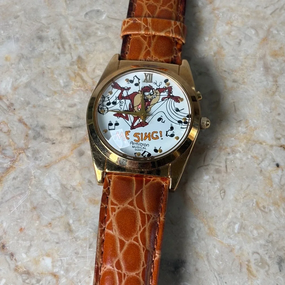 Armitron Looney Tunes Taz Musical Watch Gold Brown Leather Vintage 90s OS